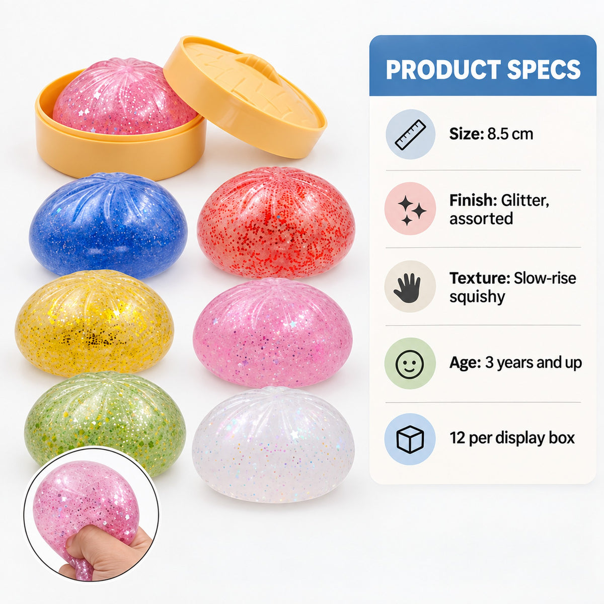 Dumpling squishy specs: 8.5cm, glitter assorted, slow-rise, ages 3 and up, 12 per box