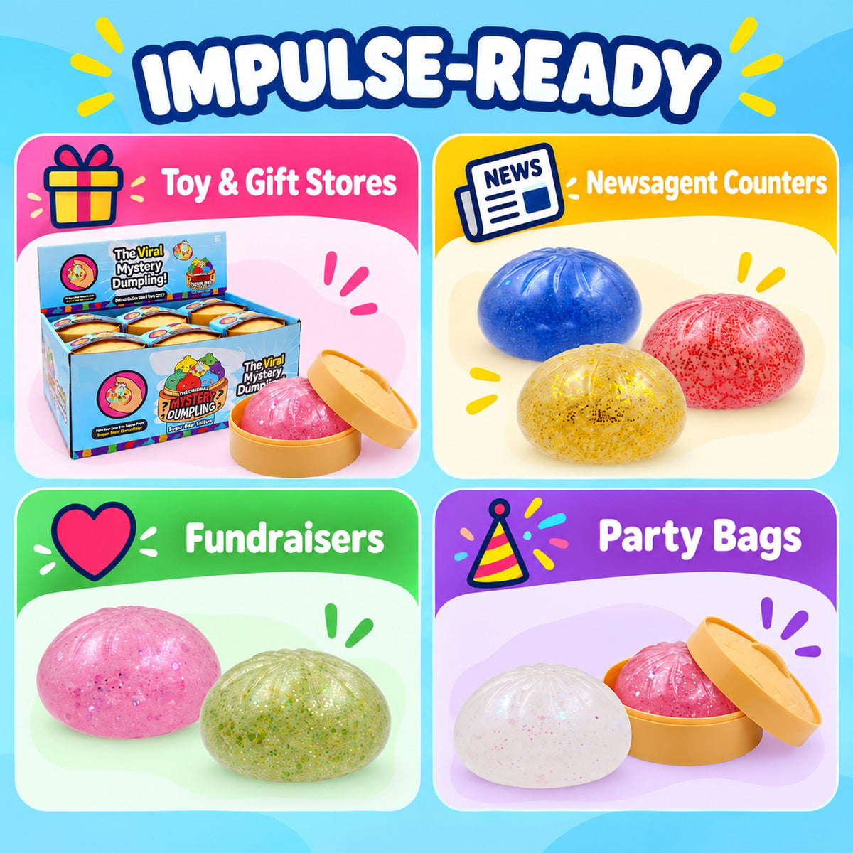 Glitter dumpling squishy for toy and gift stores, newsagents, fundraisers and party bags