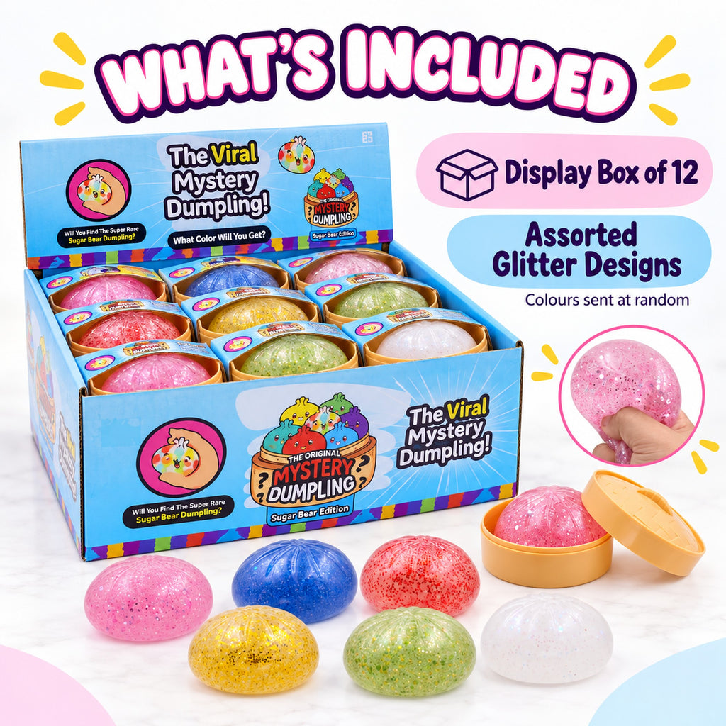 Display box of 12 assorted glitter dumpling squishy toys, colours sent at random
