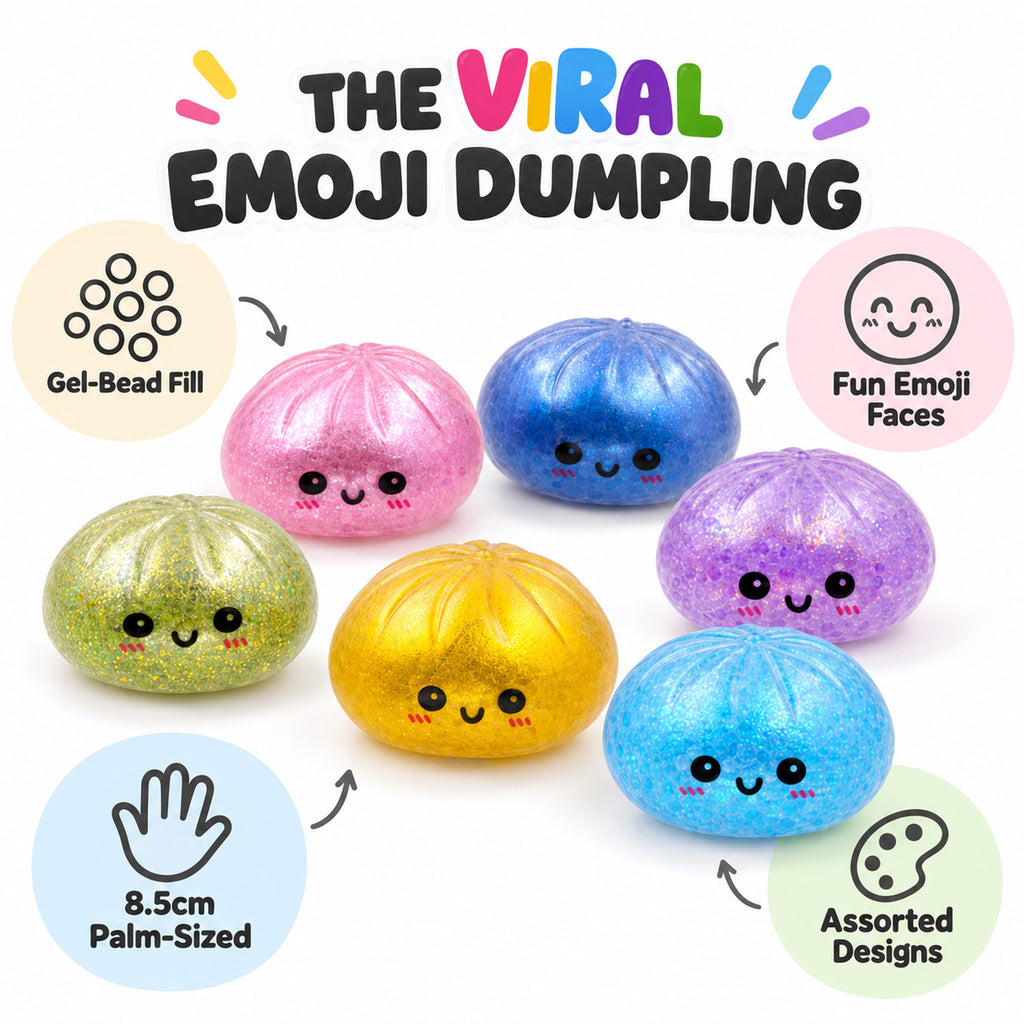 Emoji dumpling squishy features: gel-bead fill, fun emoji faces, 8.5cm, assorted designs