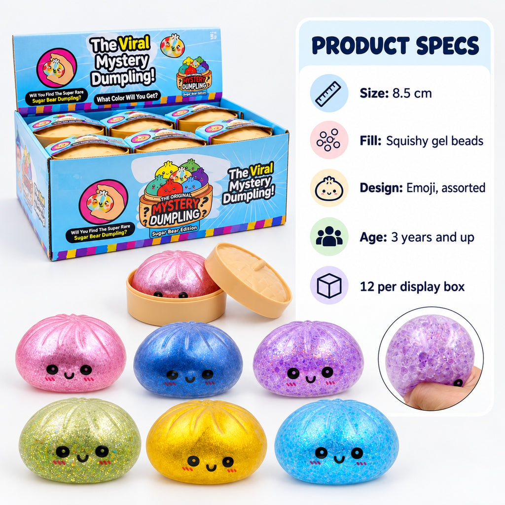 Emoji gel-bead squishy specs: 8.5cm, squishy gel beads, emoji assorted, ages 3+, 12 per box