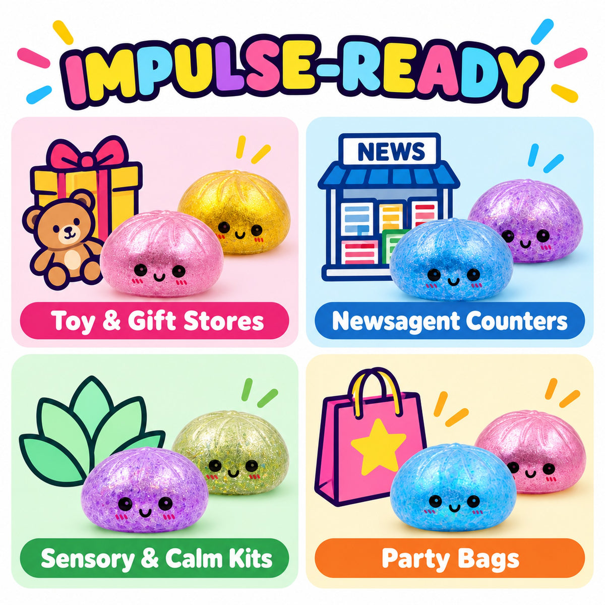 Emoji gel-bead dumpling squishy for toy and gift stores, newsagents, sensory kits and party bags
