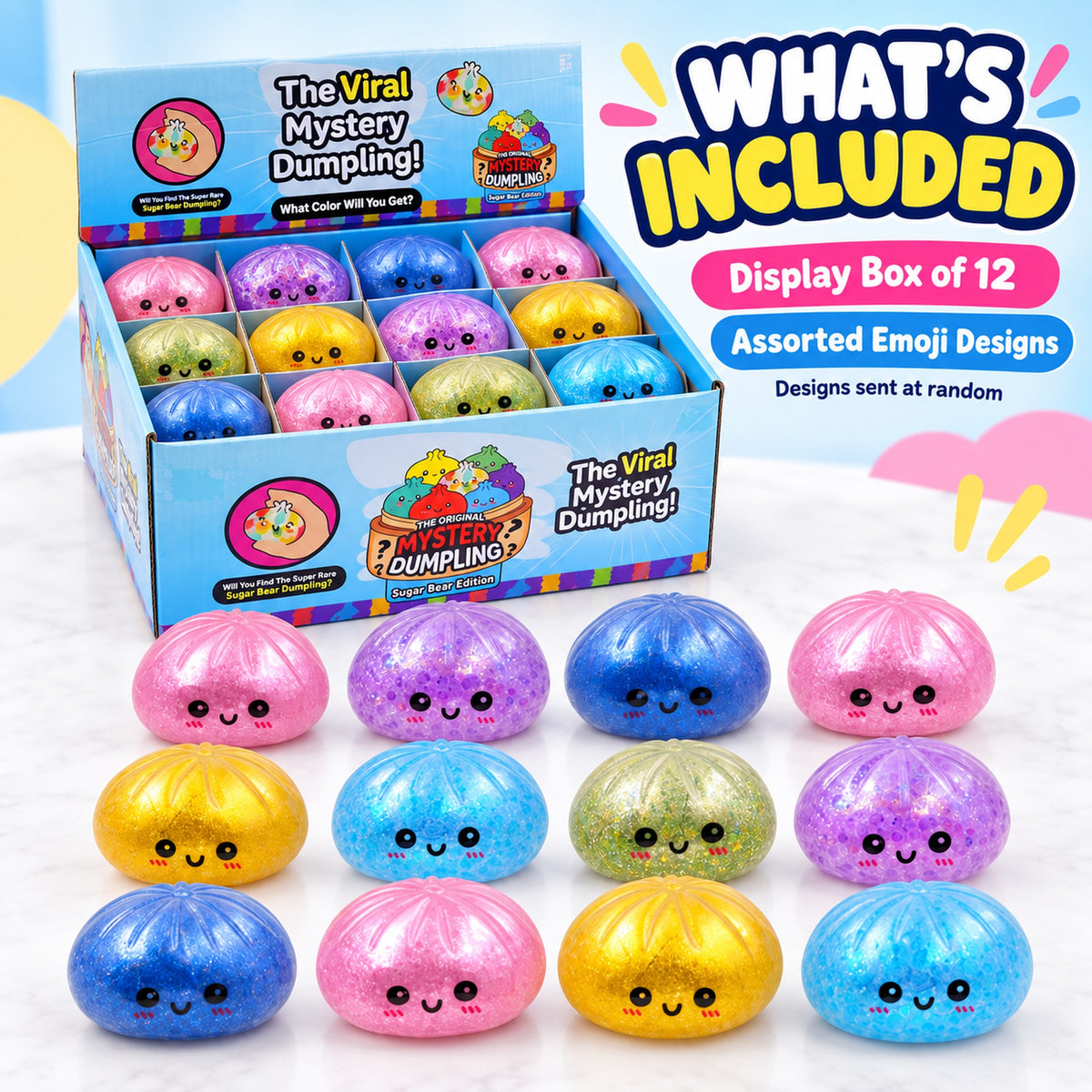 Display box of 12 assorted emoji gel-bead dumpling squishy toys, designs sent at random