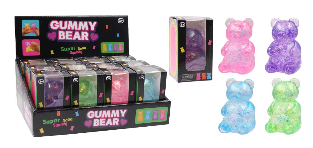 TPR glitter bear squishy stress toy in display box, 4.5x4.5x8cm assorted designs, carton of 12 - DPack wholesale