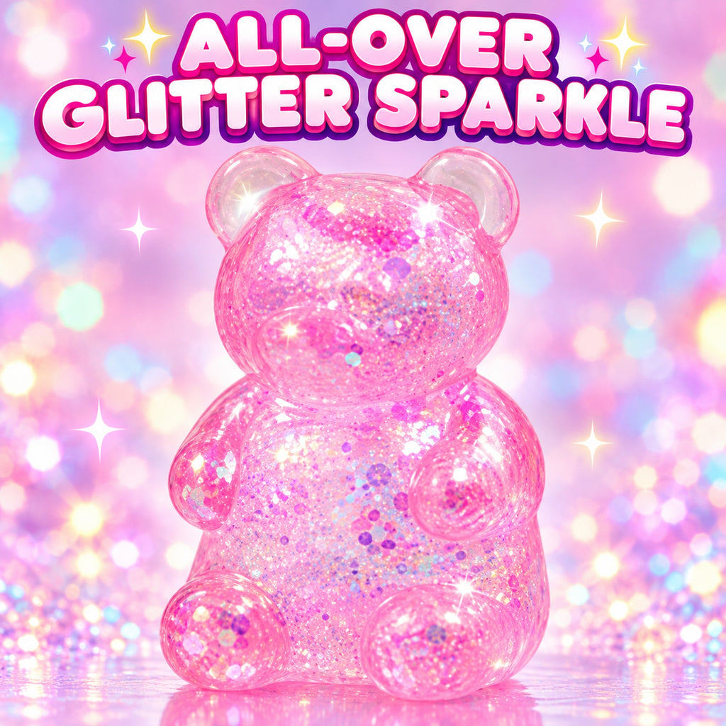 Close-up of a glitter squishy bear with sparkle suspended through the soft TPR body