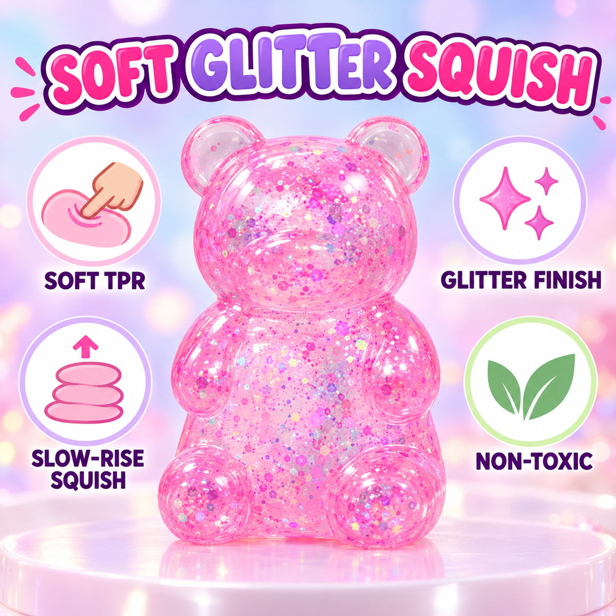 Soft TPR glitter squishy toy with slow-rise squish and a non-toxic sparkle finish