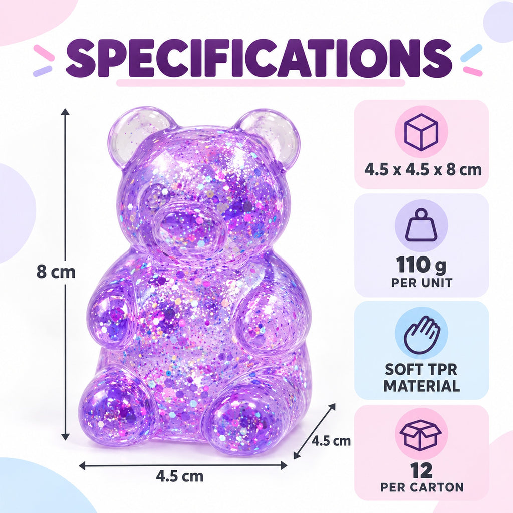 Squishy toy specs: 4.5 x 4.5 x 8cm, 110g per unit, soft TPR, carton of 12 assorted