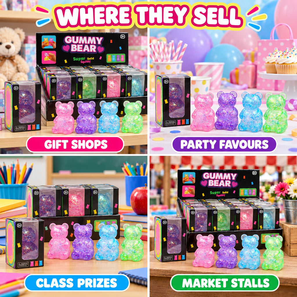Glitter bear squishy toy for gift shops, party favours, class prizes and market stalls