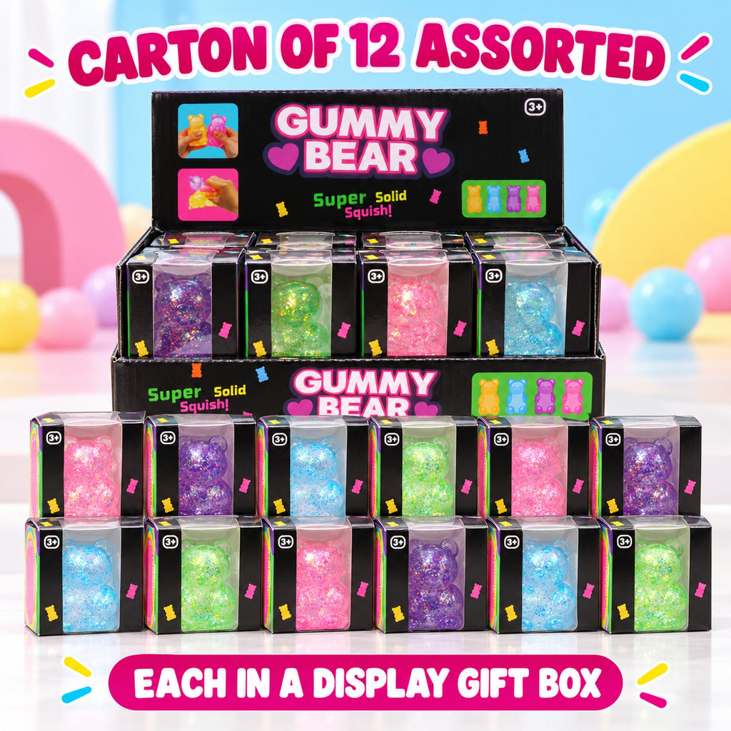 Carton of 12 assorted gummy bear squishy toys, each in a display gift box