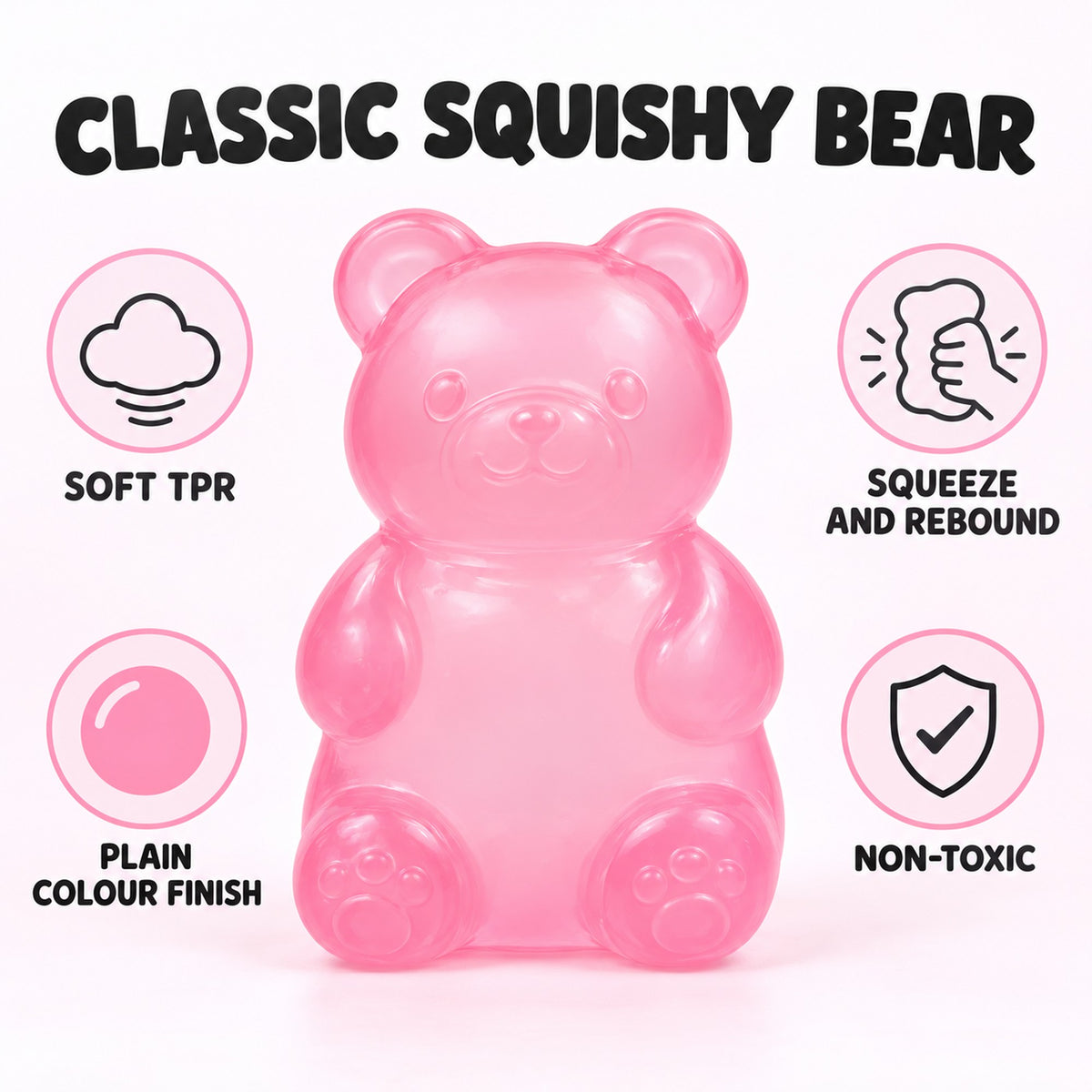 Plain squishy bear in soft TPR with squeeze-and-rebound feel and a non-toxic plain colour finish