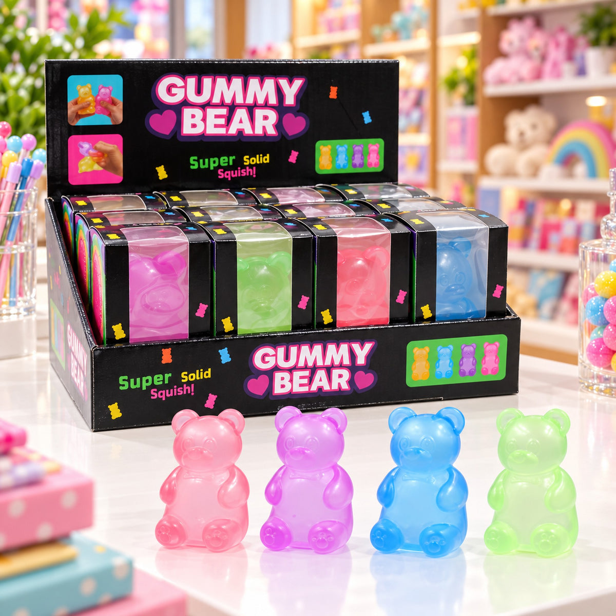 Gummy Bear squishy retail display box with loose plain bears on a gift shop counter