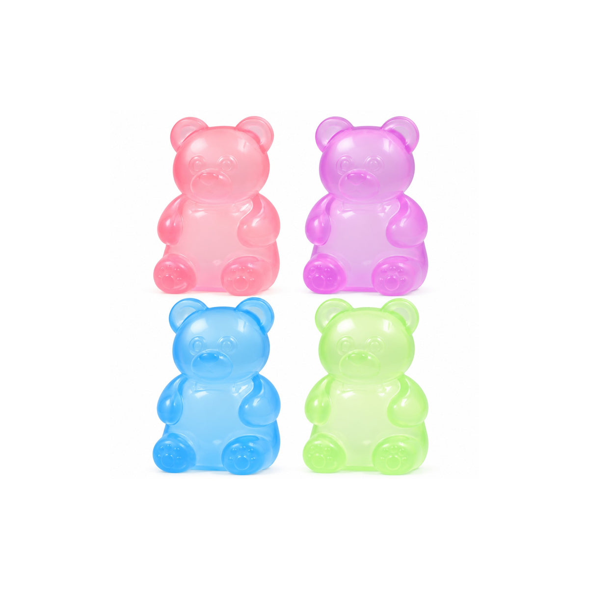 Gummy bear squishy toys in translucent pink, purple, blue and green on a white background