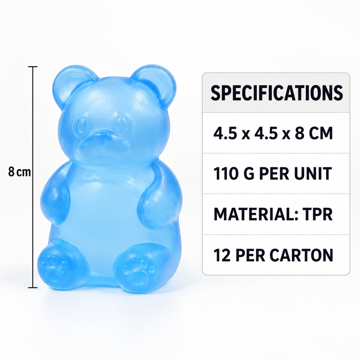 Squishy bear specs: 4.5 x 4.5 x 8cm, 110g per unit, TPR material, 12 per carton