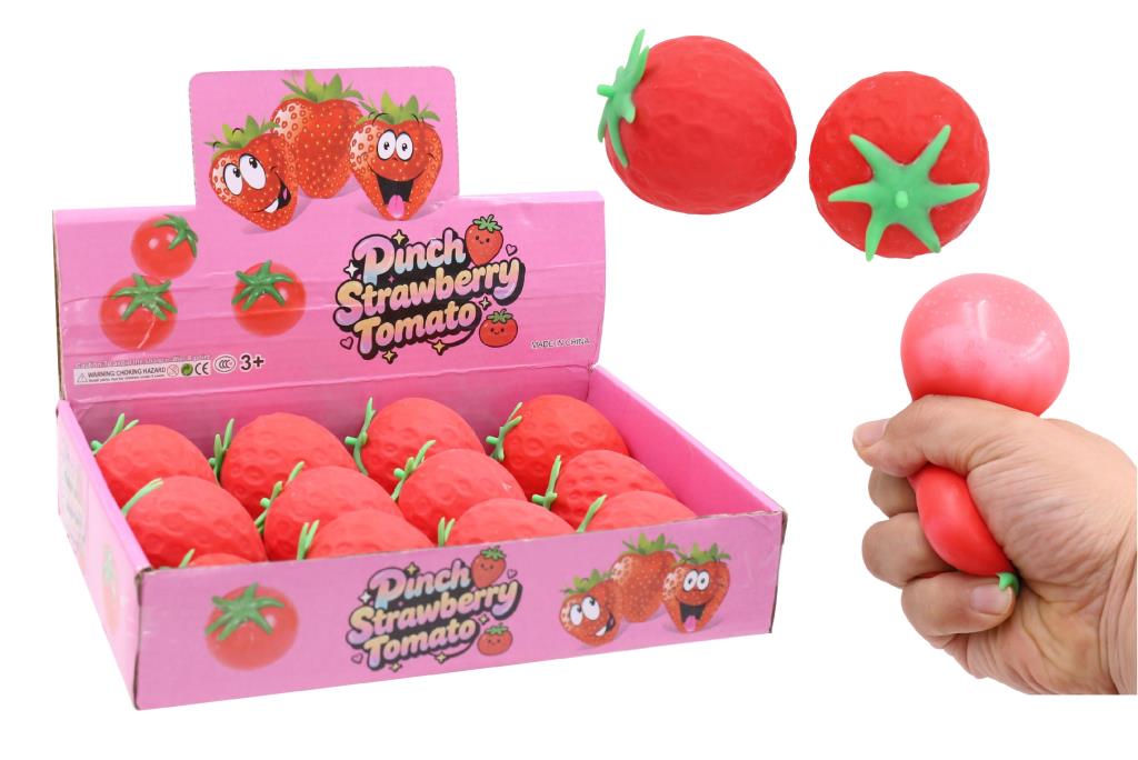 TPR strawberry squishy stress toy in display box, 8x6x6cm, assorted designs, carton of 12 - DPack wholesale