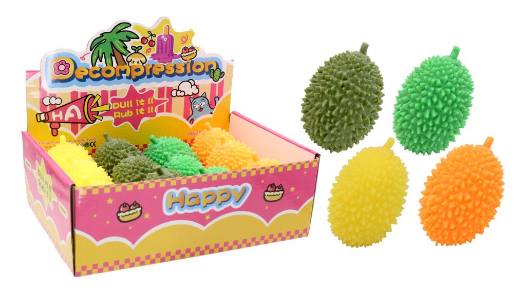 TPR durian fruit squishy stress toy in display box, 8x6x6cm, assorted designs, carton of 12 - DPack wholesale
