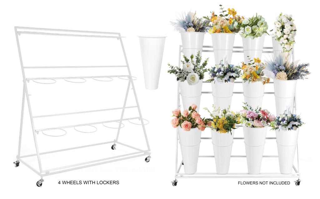 White artificial flower arrangement on a tall 110cm display stand with bucket base for event and venue decor