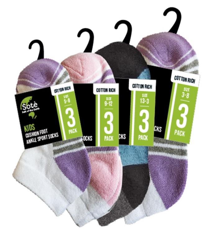 Kids 3-pack cushion foot ankle sports socks in assorted colours, sizes 9-12 through 3-8, wholesale carton of 24 packs