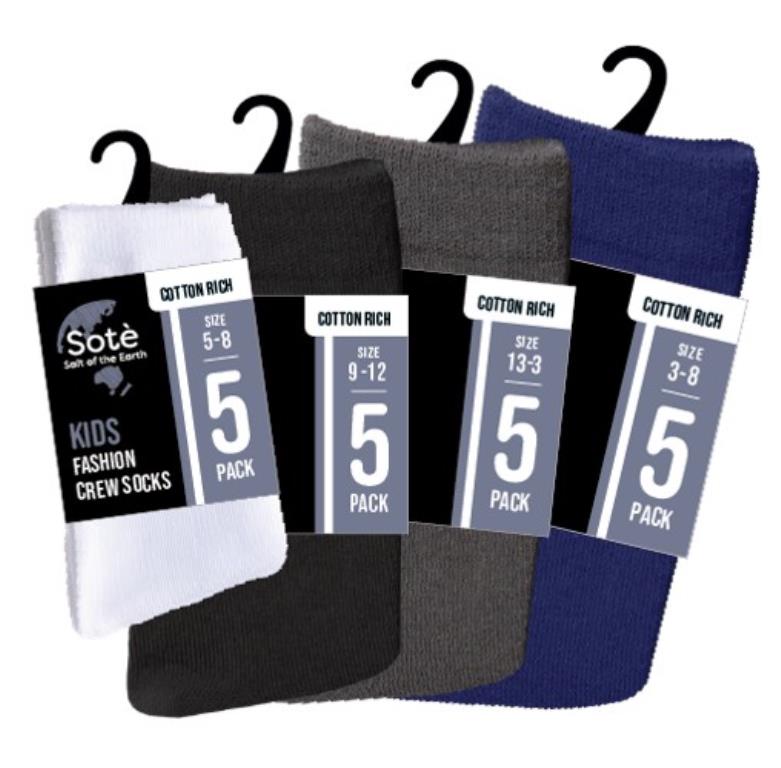 Kids 5-pack crew school series socks in assorted styles, sizes 5-8 through 3-8, wholesale carton of 24 packs
