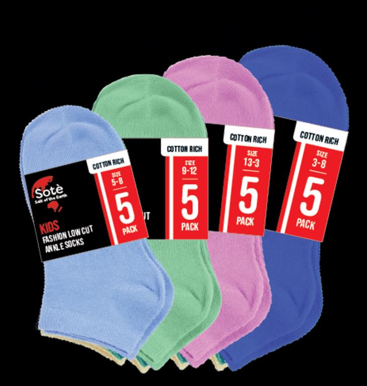 Kids 5-pack fashion low-cut ankle socks in assorted colours, sizes 5-8 through 3-8, wholesale carton of 24 packs