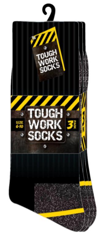 Men's 3-pack tough work socks in sizes 6-10 and 11-14, hard-wearing wholesale carton of 24 packs