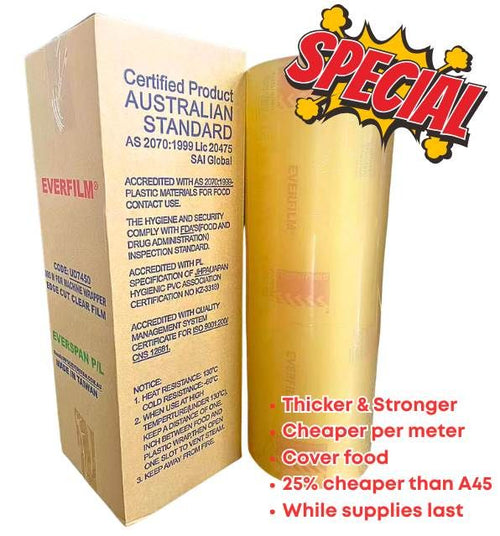 Everfilm heavy duty meat wrap film roll 450mm x 800m on dispenser, for butcher and deli food wrapping