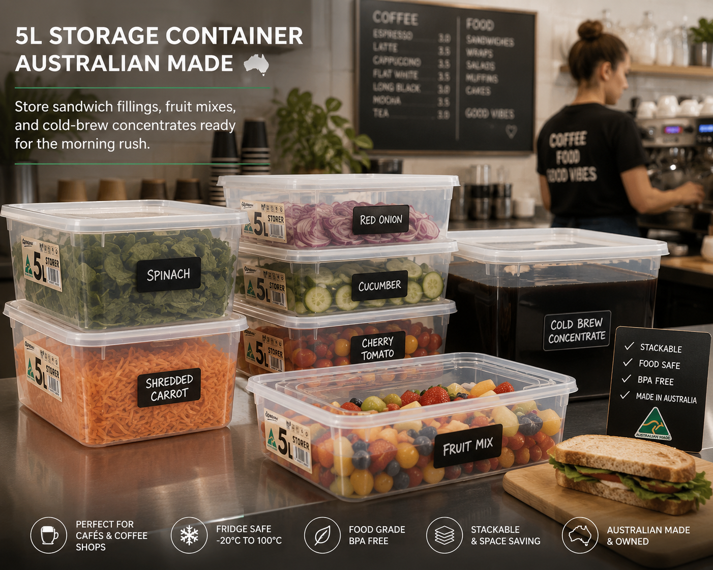 Container using in Cafes and coffee shops - store sandwich fillings, fruit mixes, and cold-brew concentrates ready for the morning rush