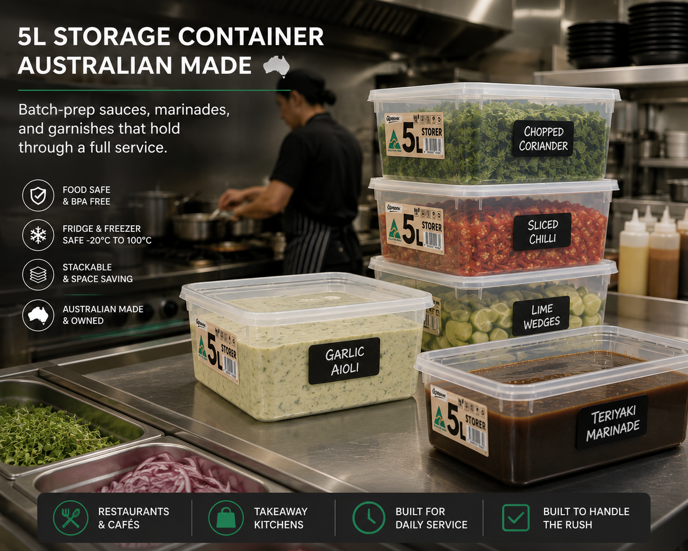 Container using in Restaurants and takeaway kitchens - batch-prep sauces, marinades, and garnishes that hold through a full service