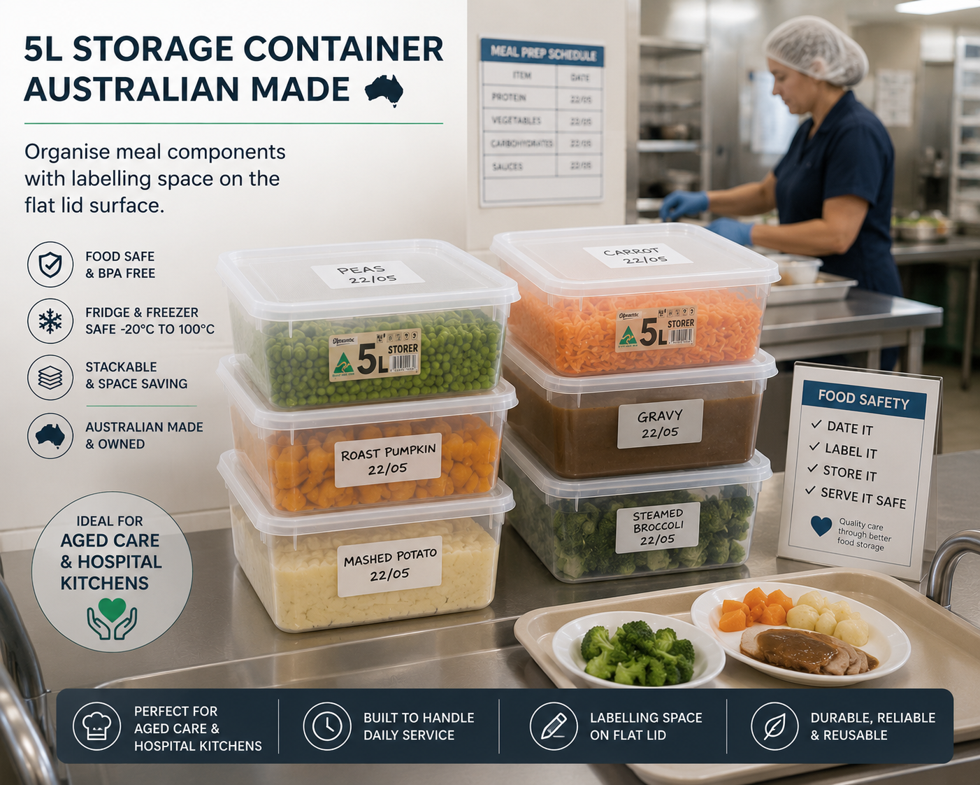 Container using in Aged care and hospital kitchens - organise meal components with labelling space on the flat lid surface