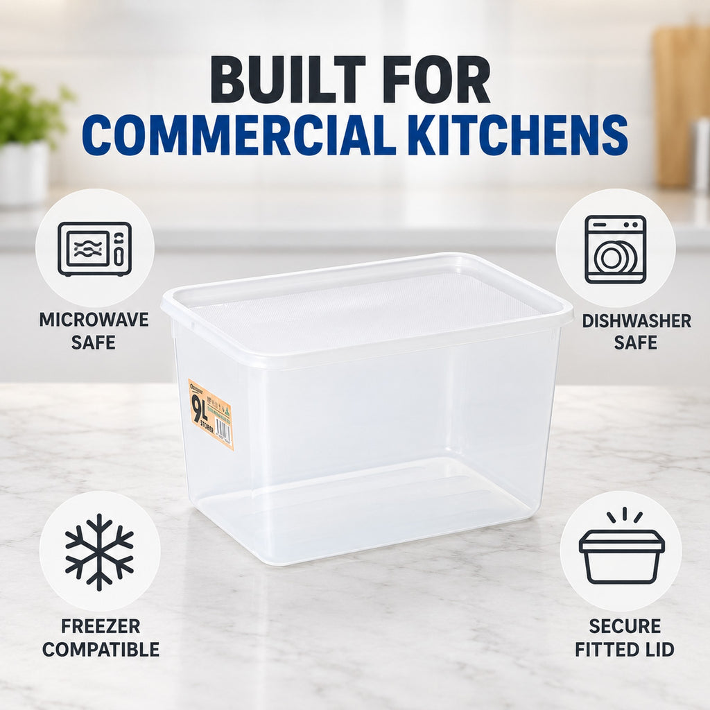 Plastic food storage container, microwave, dishwasher and freezer safe with a secure fitted lid