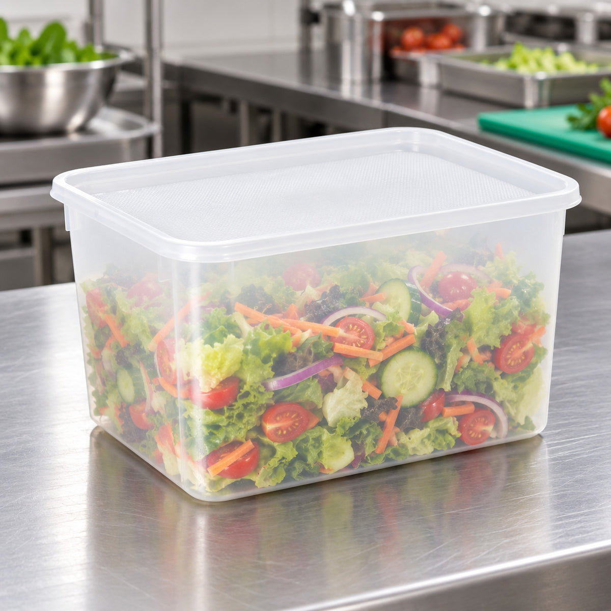 9L food storage container holding bulk prepped salad in a commercial kitchen