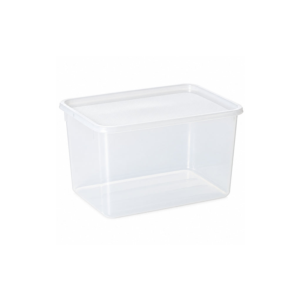 Clear 9L food storage container with fitted lid on a white background
