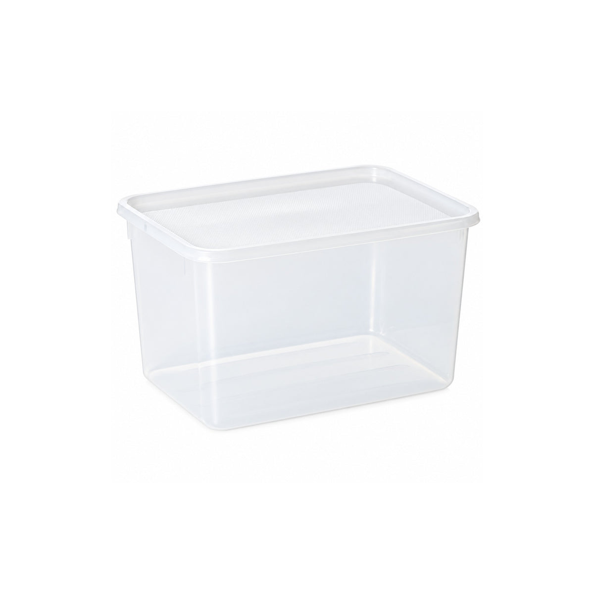 Clear 9L food storage container with fitted lid on a white background