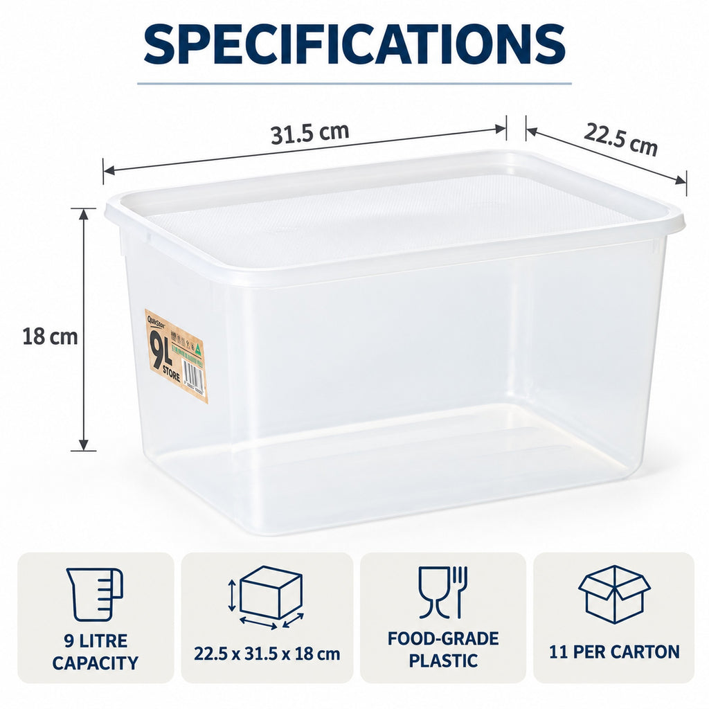 Food storage container specs: 9L capacity, 22.5 x 31.5 x 18cm, food-grade plastic, 11 per carton