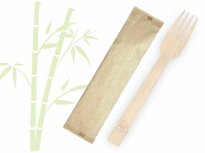 Individually paper-wrapped bamboo cutlery forks 100-piece pack for catering and café use