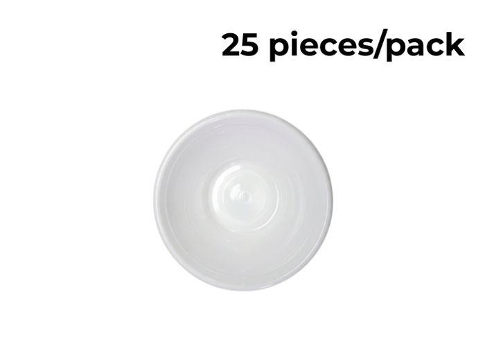 Partyware 110mm white heavy duty plastic dessert bowl viewed from above, with '25 pieces/pack' label on image