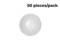 Partyware 110mm white heavy duty dessert bowl viewed from above, with '50 pieces/pack' label on image