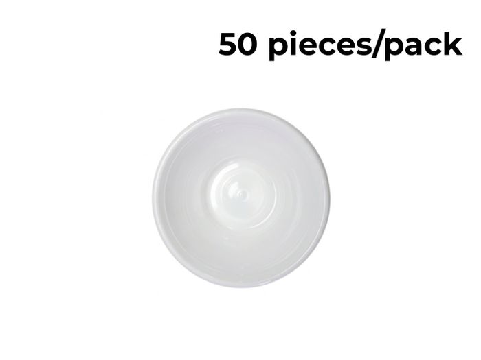 Partyware 110mm white heavy duty dessert bowl viewed from above, with '50 pieces/pack' label on image