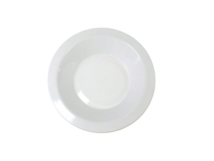 Partyware 180mm white heavy duty plastic bowl with wide rim, viewed from above on white background