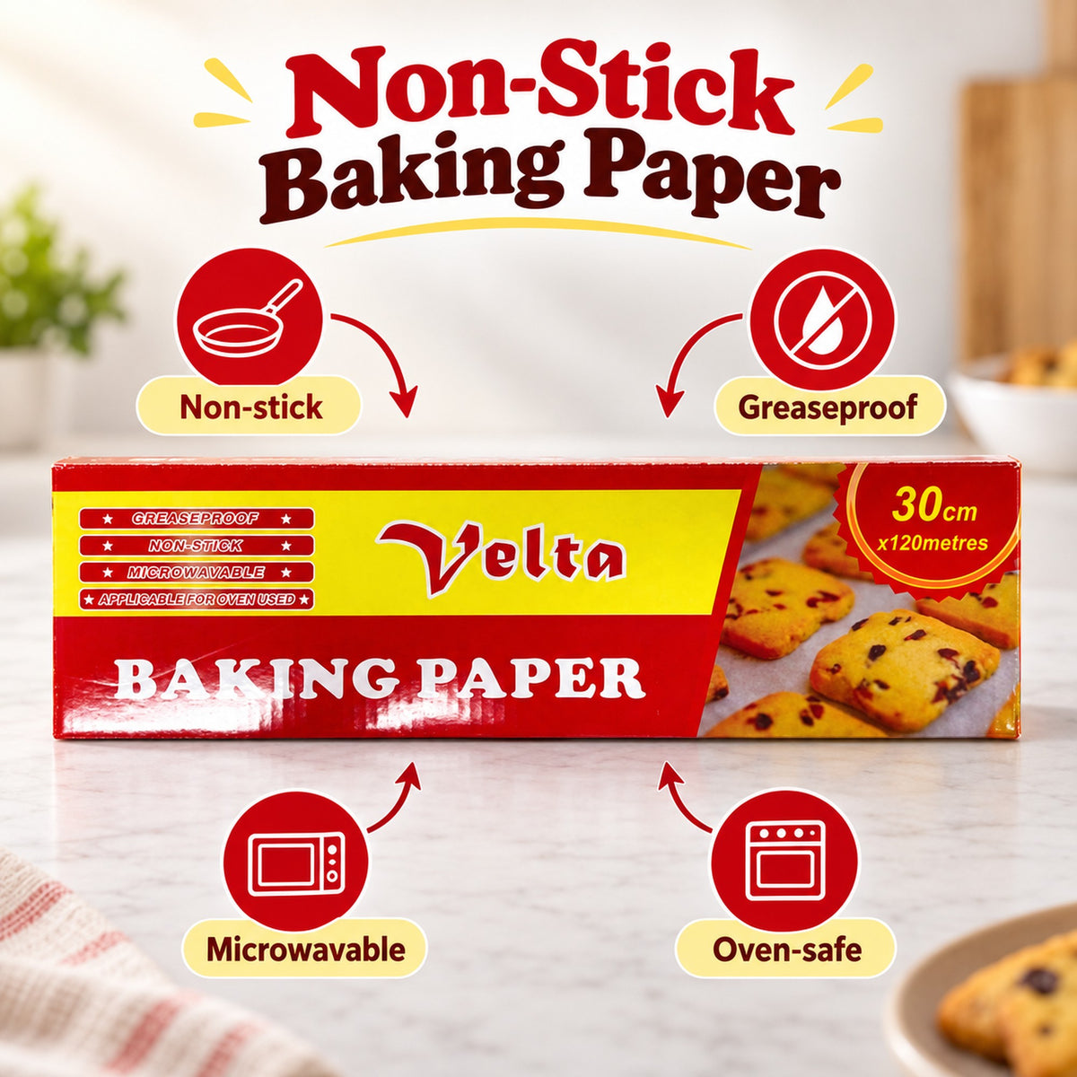 Velta baking paper features: non-stick, greaseproof, microwavable and oven-safe