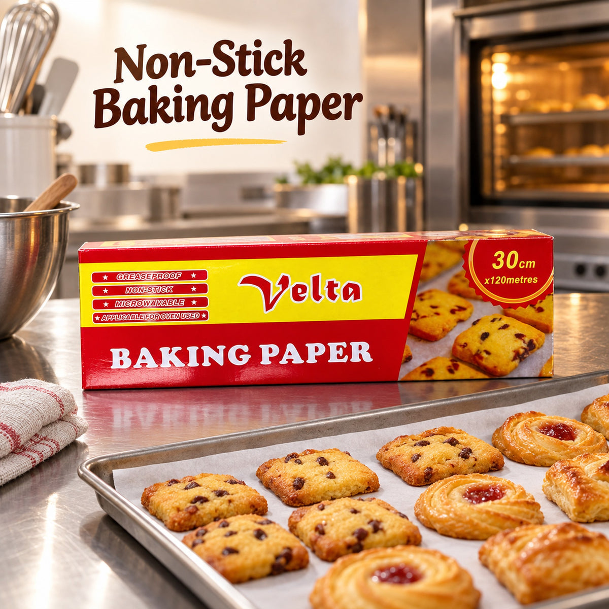 Non-stick baking paper lining an oven tray of fresh biscuits in a commercial bakery kitchen