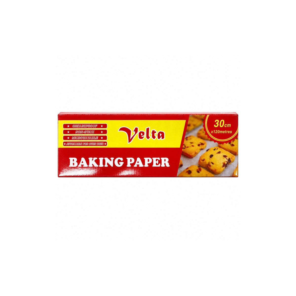Velta non-stick baking paper roll, 30cm x 120m box, on a white background