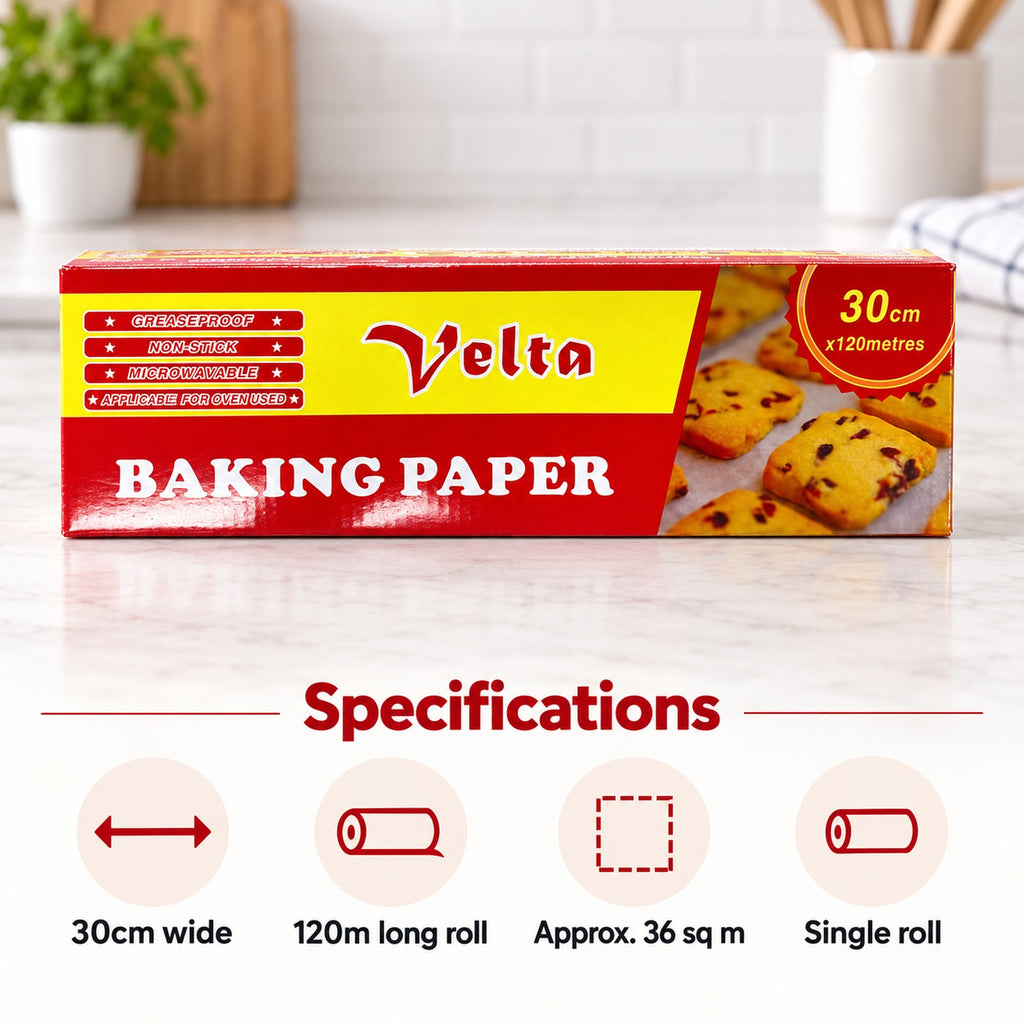 Baking paper roll specifications: 30cm wide, 120m long, approx 36 sq m, single roll