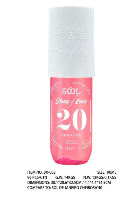 90ml Story of Love fragrance dupe bottle inspired by Sol De Janeiro Cheirosa 40, carton of 12