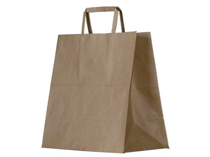 Ecoware brown kraft paper carry bag small flat handle 275x275x150mm for café and retail takeaway packaging