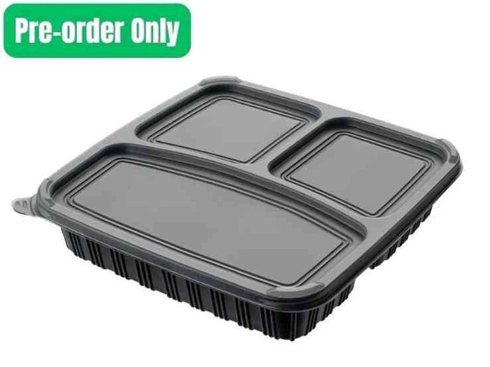 SQ3 3-compartment plastic food containers, black base and clear lid, 150 sets per carton for takeaway and catering