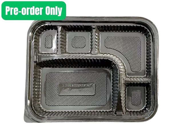 Type B 5-section plastic takeaway food container with lid, 100 sets per carton, used for catering and bento meal service