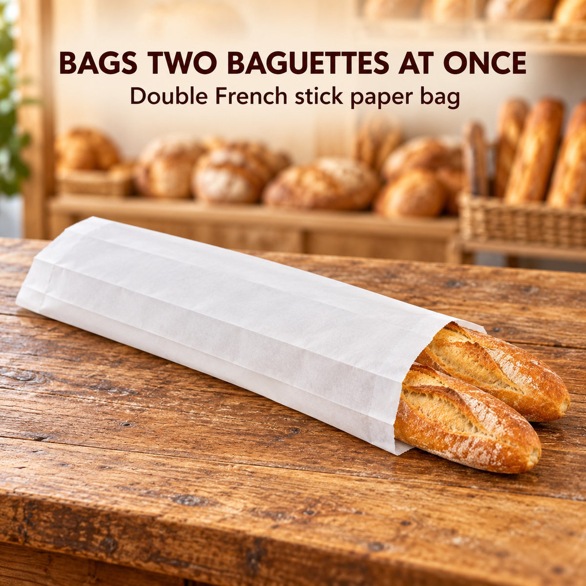Two crusty baguettes in a white paper bread bag on a timber bakery counter