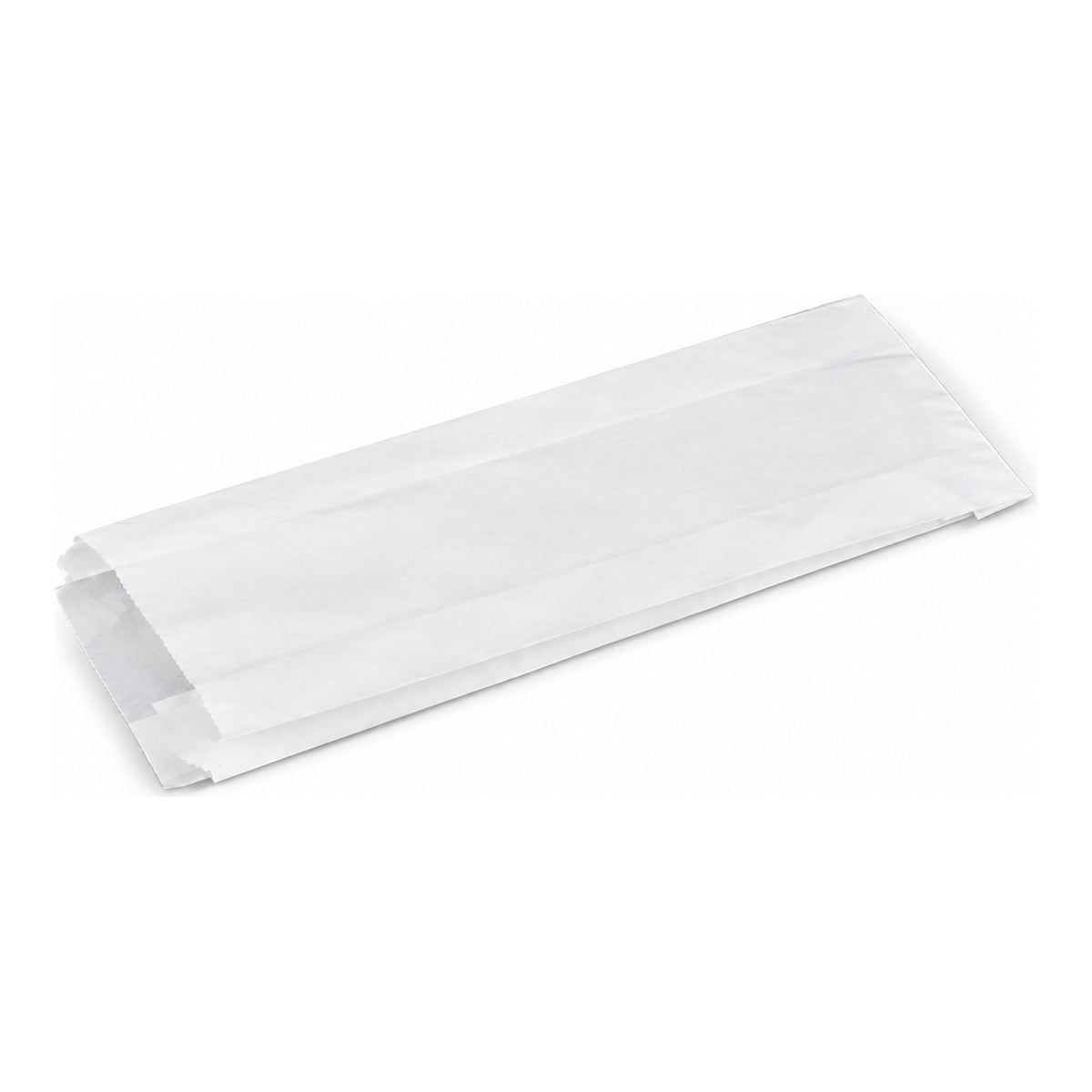 White paper bread bag for two baguettes, 500 x 160 x 60mm gusseted double French stick bag, on a white background