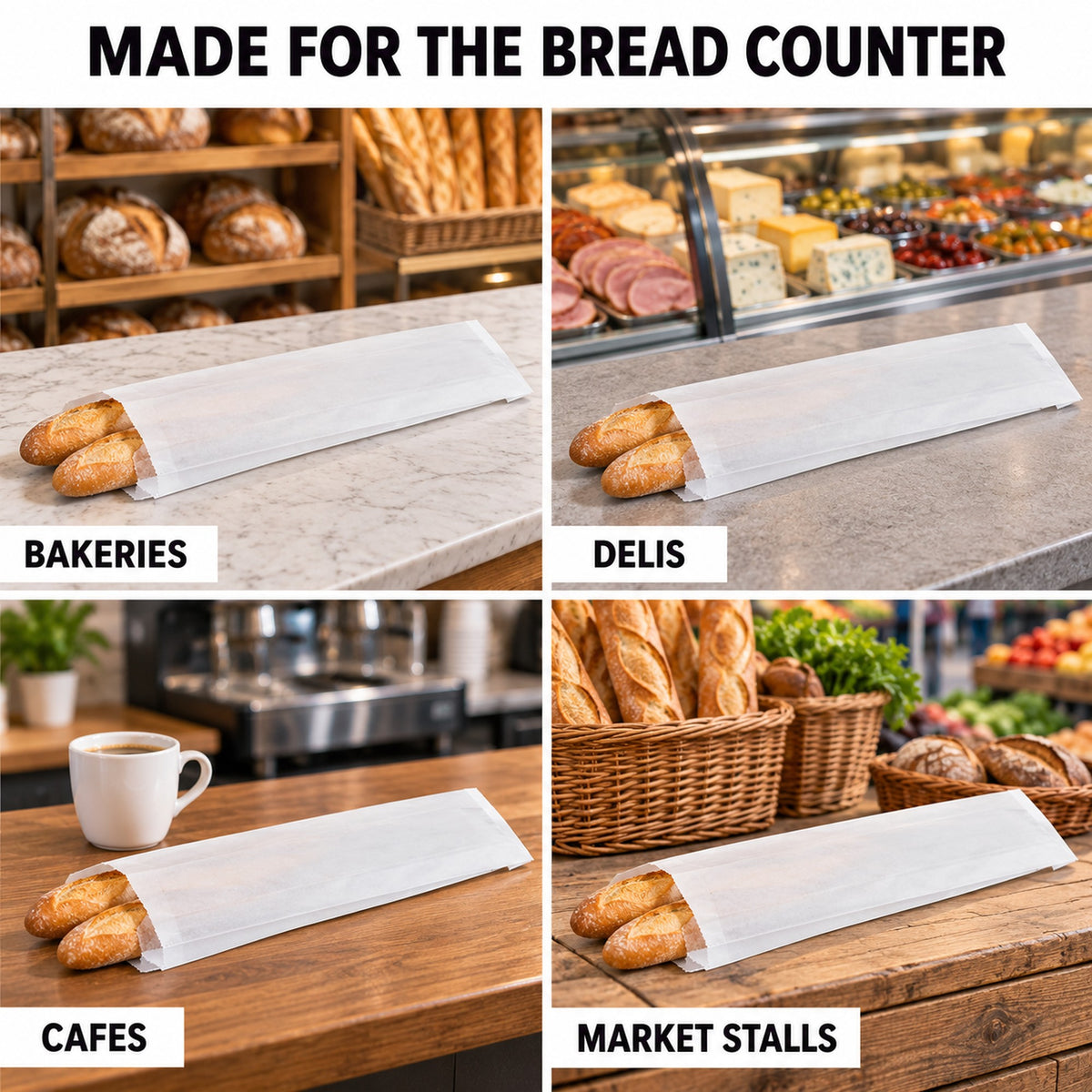 Baguette paper bags in use at a bakery, deli, cafe and farmers market stall