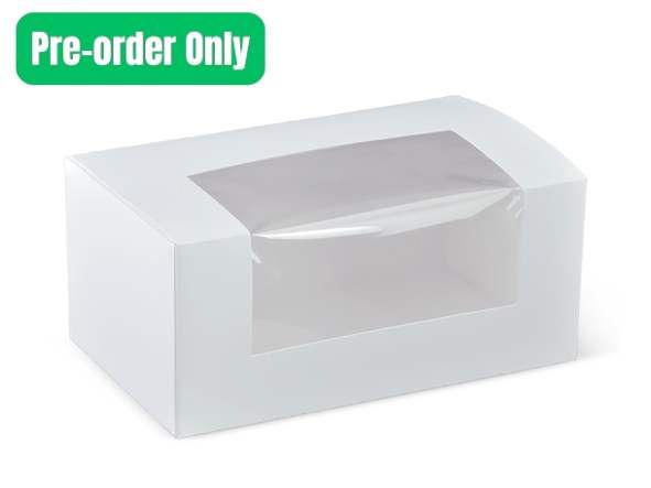Detpak long white window patisserie box 7 inch with clear window panel for displaying pastries and cake slices